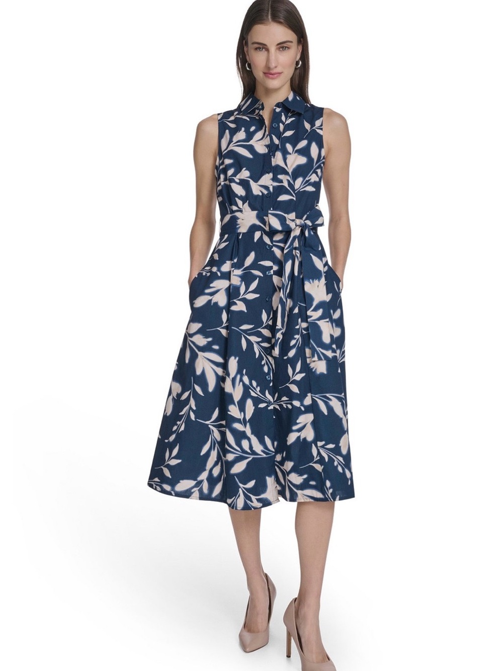 Sleeveless Navy Floral Midi Dress with Tie Waist